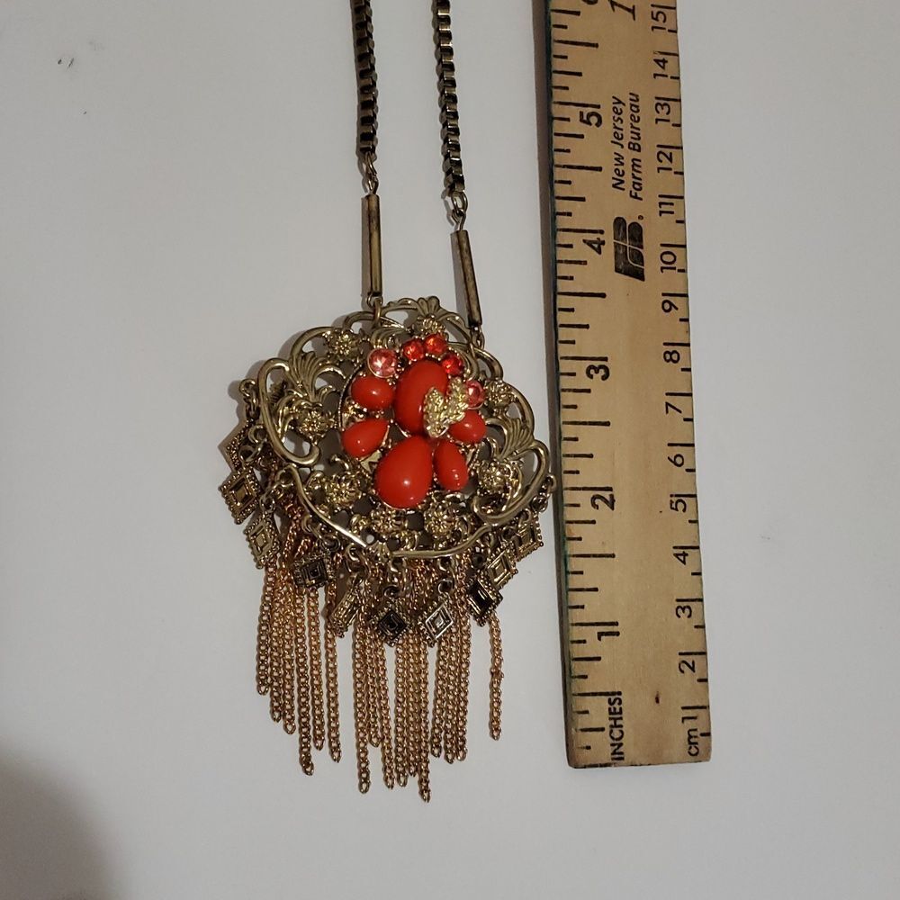 Vintage 80's Art Deco Nouveau Boho Coral Colored Gold Necklace South Western - Picture 6 of 8